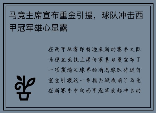 马竞主席宣布重金引援，球队冲击西甲冠军雄心显露
