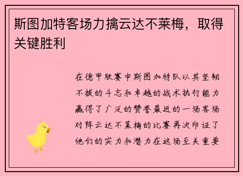 斯图加特客场力擒云达不莱梅，取得关键胜利